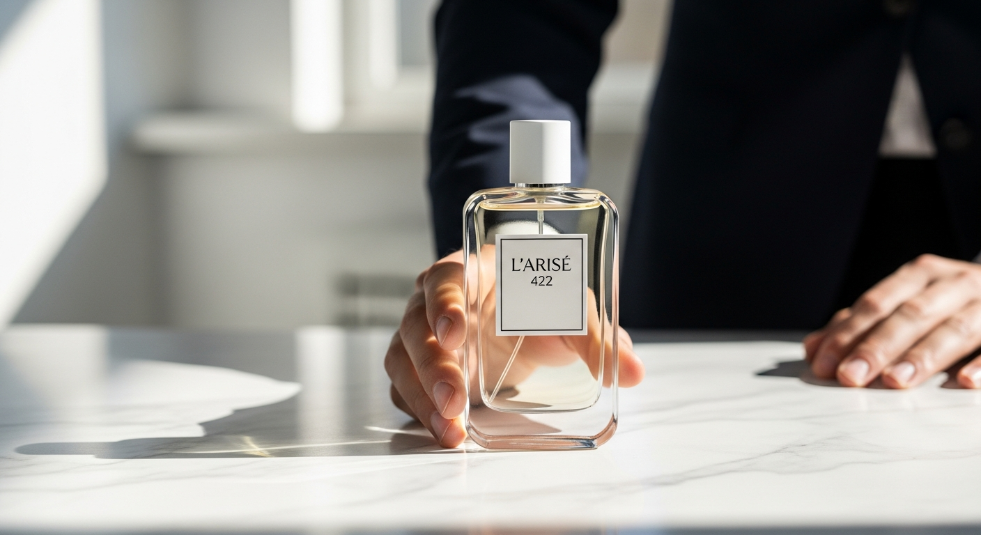 L'ARISÉ 422 fragrance bottle with citrus and spice ingredients displayed artistically