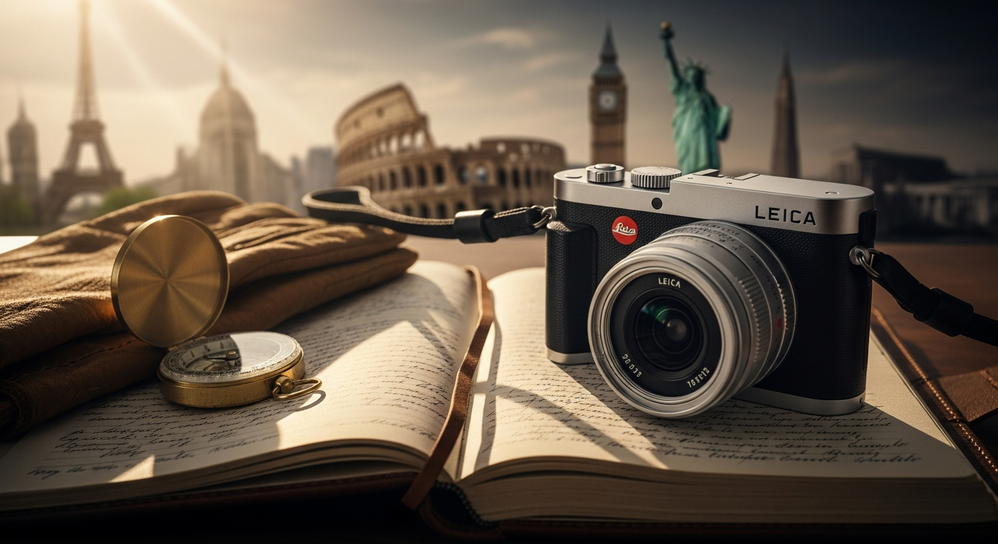 Professional Leica Q3 full-frame compact camera with fixed 28mm Summilux lens displayed on travel photography backdrop