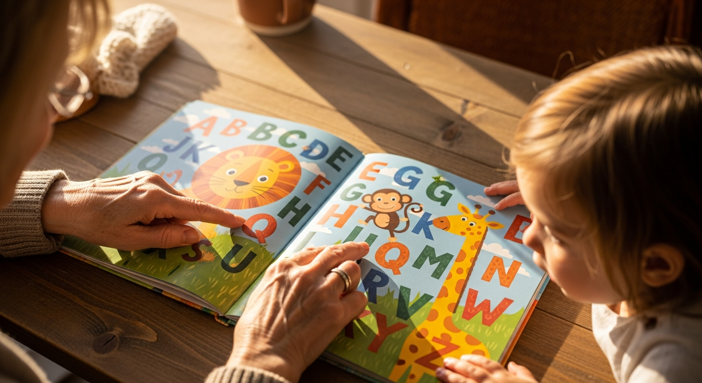 Colorful paper-cut style illustration of a child character surrounded by zoo animals learning the alphabet