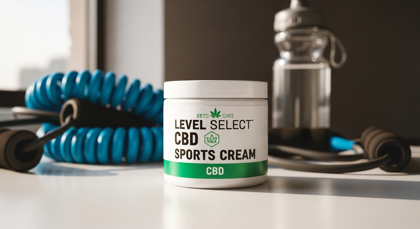 Level Select CBD Sports Cream container displayed with athletic recovery equipment and weights
