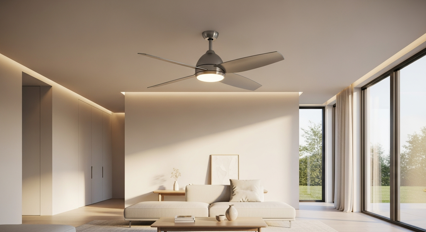 Modern dimmable LED ceiling fan light with brushed aluminum frame and acrylic diffuser in contemporary home interior