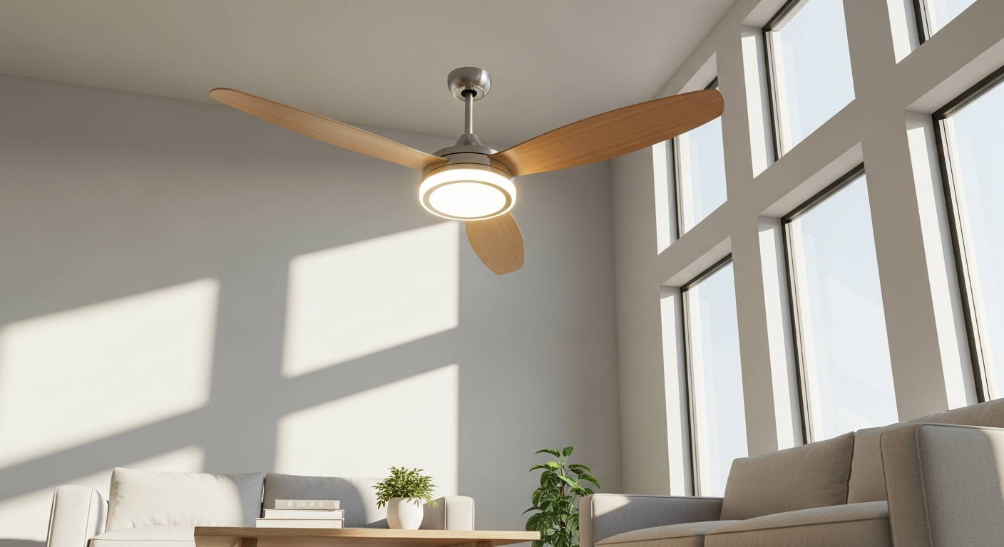 Modern integrated ceiling fan light fixture with LED illumination and brushed metal finish