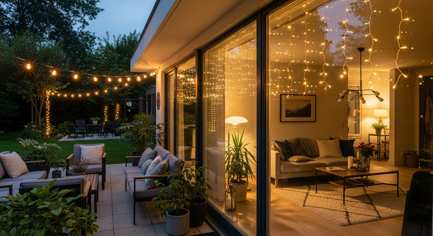 Vielseitige LED Lichterkette für Innen und Außen mit warmweißem Licht in gemütlicher Wohnzimmeratmosphäre