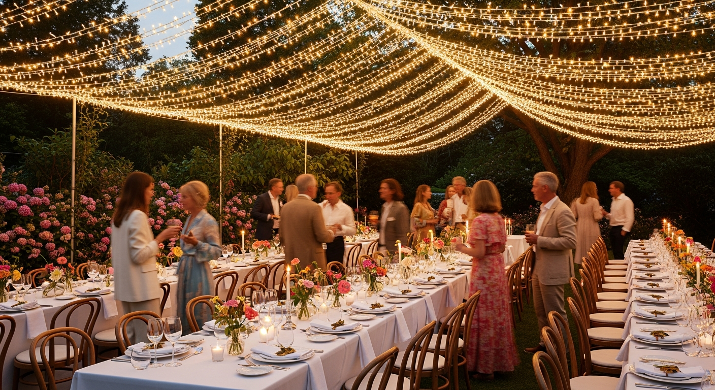LED outdoor party string lights glowing warmly across a summer garden gathering at dusk