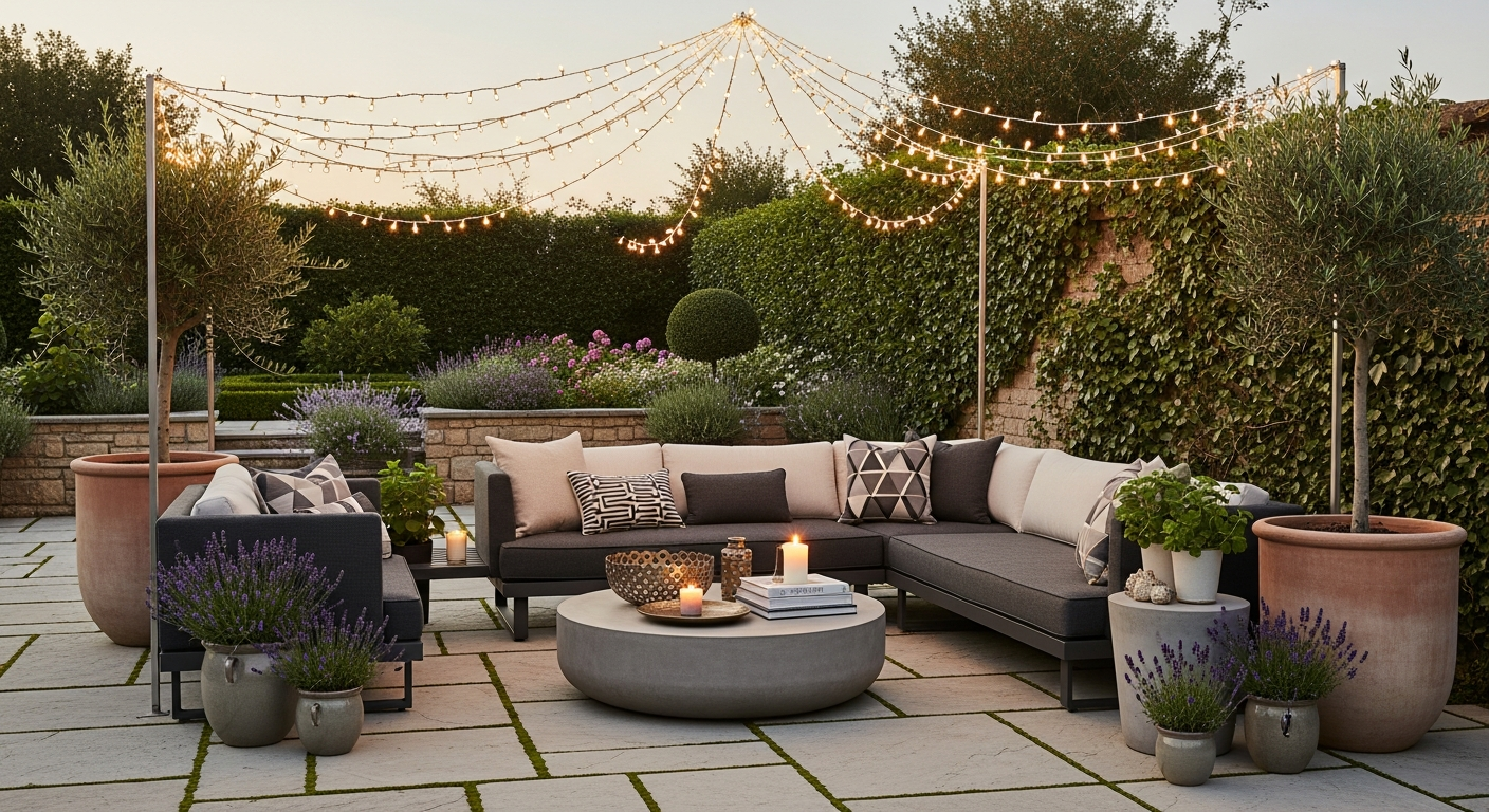 Premium outdoor LED party string lights illuminating a decorated garden patio at dusk