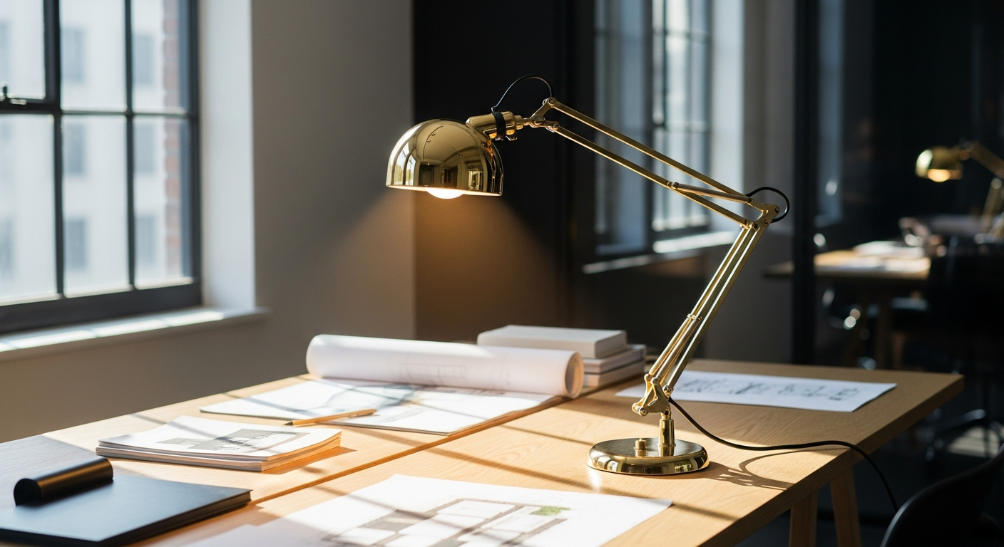 Anglepoise Original 1227 Brass Desk Lamp with constant tension spring mechanism in professional workspace