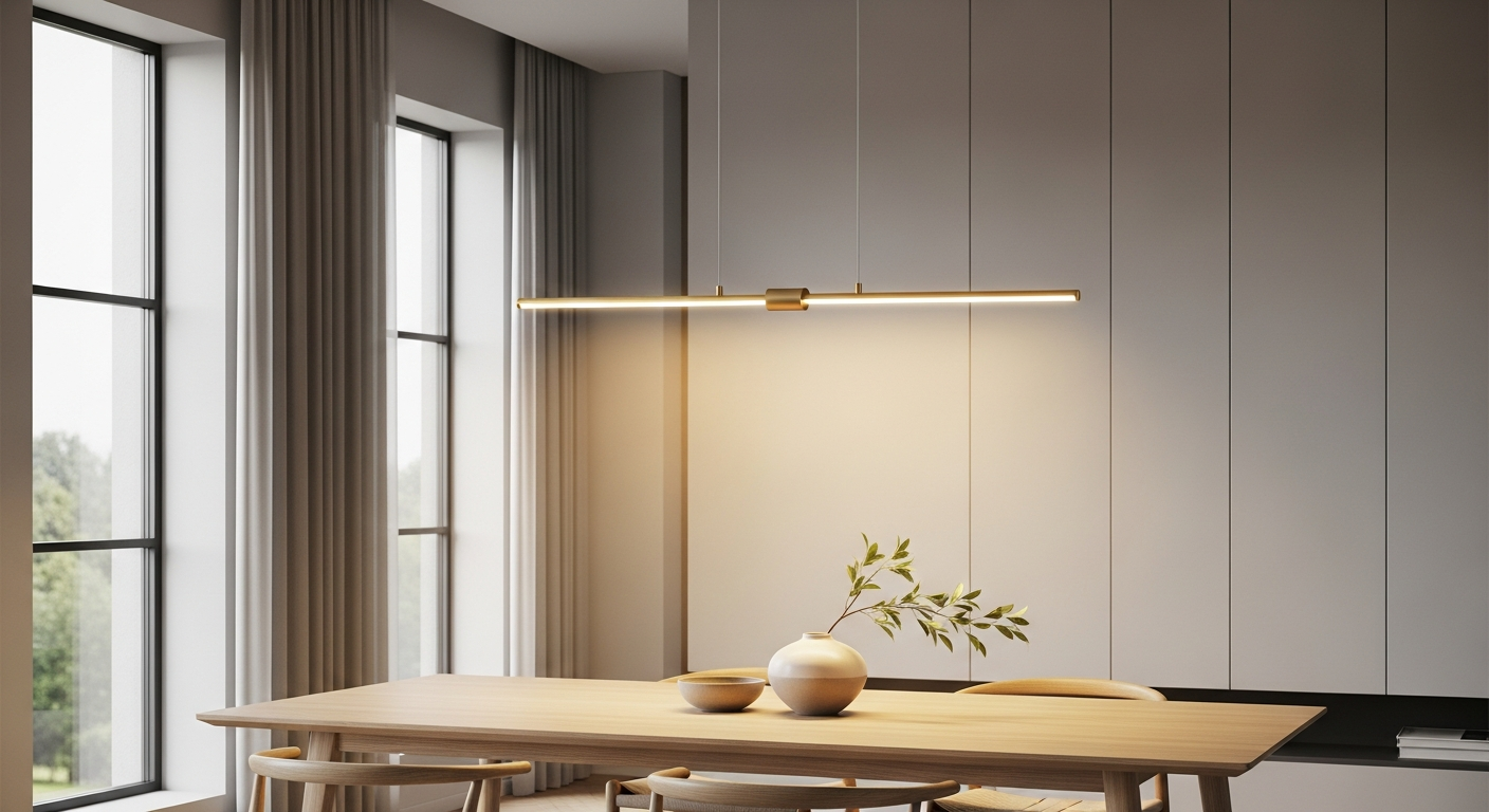 Elegant modern LED pendant light fixture hanging above kitchen island in contemporary home