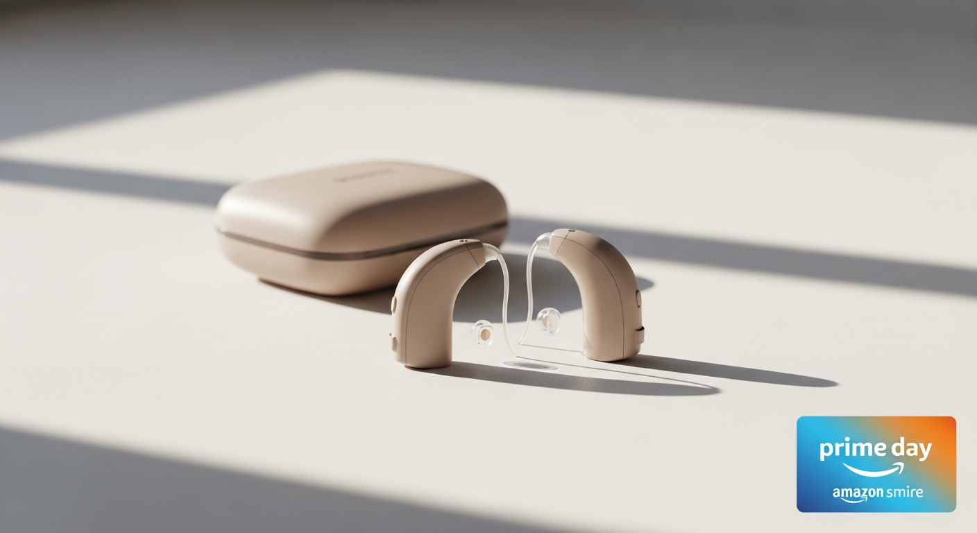LINNER Saturn invisible rechargeable hearing aids in beige and black displayed with portable charging case