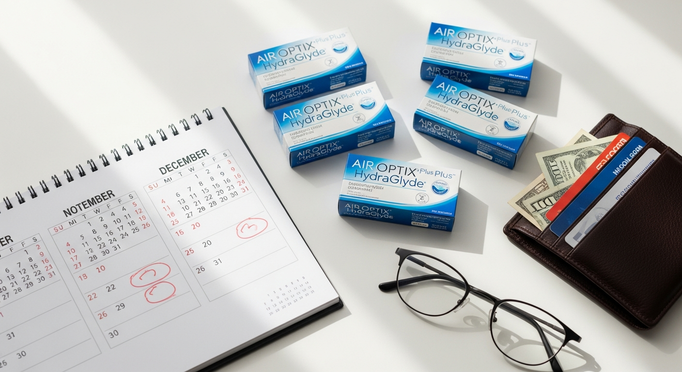 Air Optix Plus HydraGlyde monthly contact lenses in packaging displayed with solution bottle and case