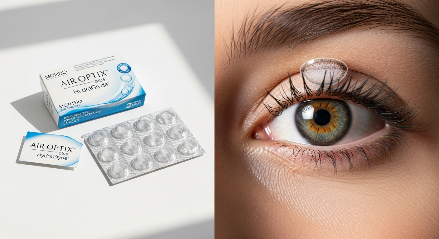 Air Optix plus HydraGlyde monthly contact lenses in packaging with Swiss retailer branding