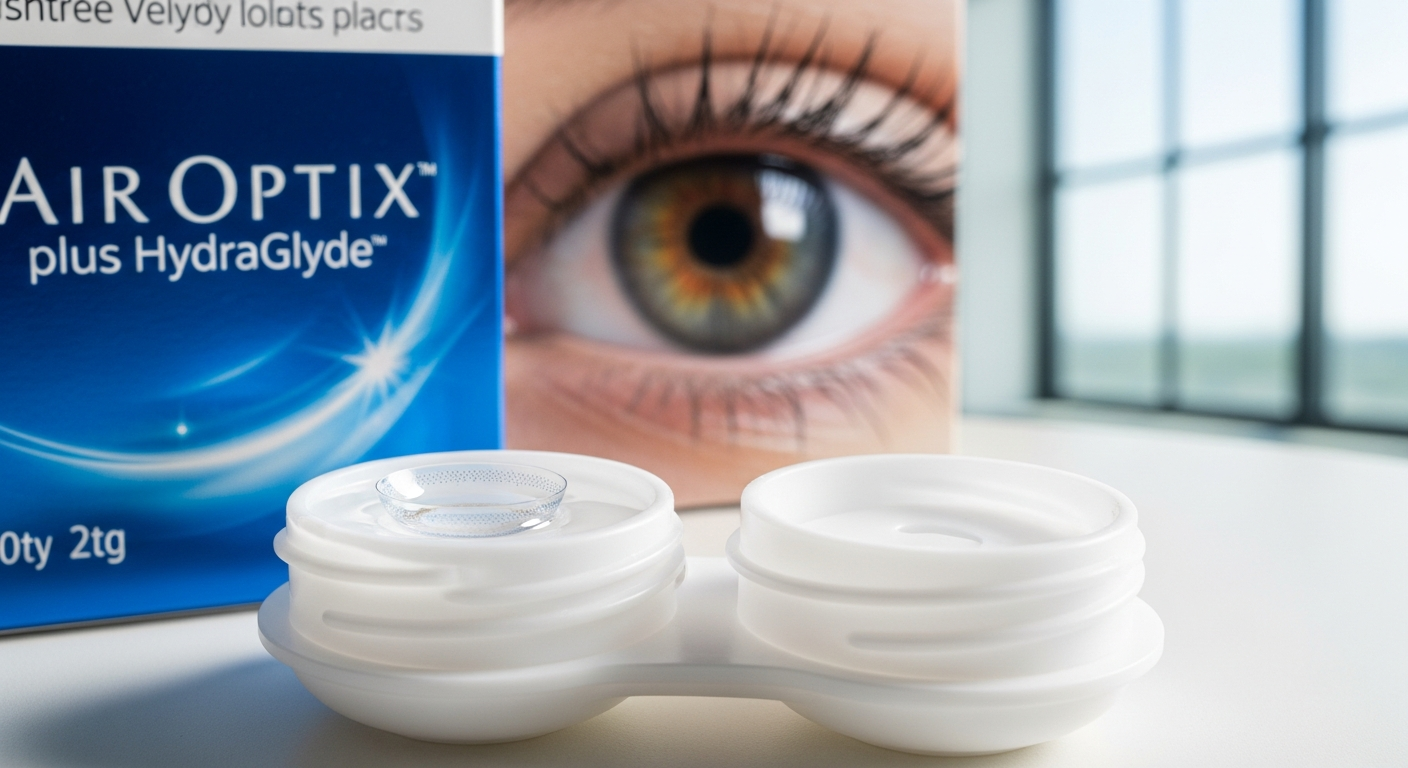 Air Optix plus HydraGlyde contact lenses package displayed with solution bottle and lens case