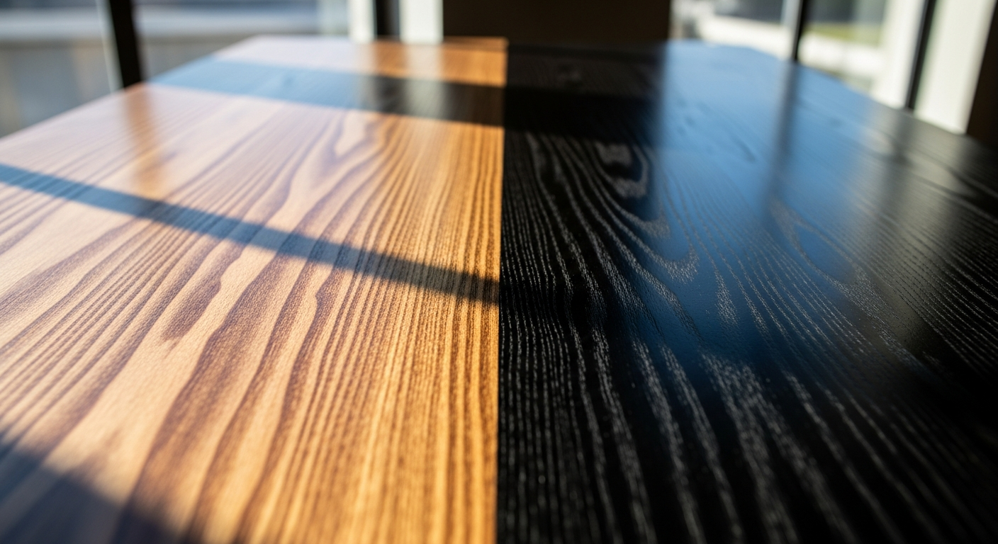Littlefair's Black Ebony Wood Stain container displayed with freshly stained dark wood furniture piece