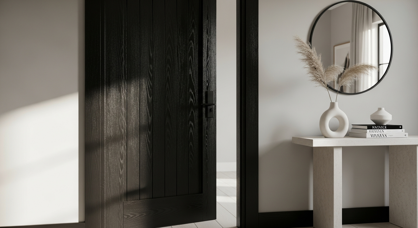 Littlefair's Black Ebony Wood Stain tin displayed with freshly stained interior door trim showing rich grain detail
