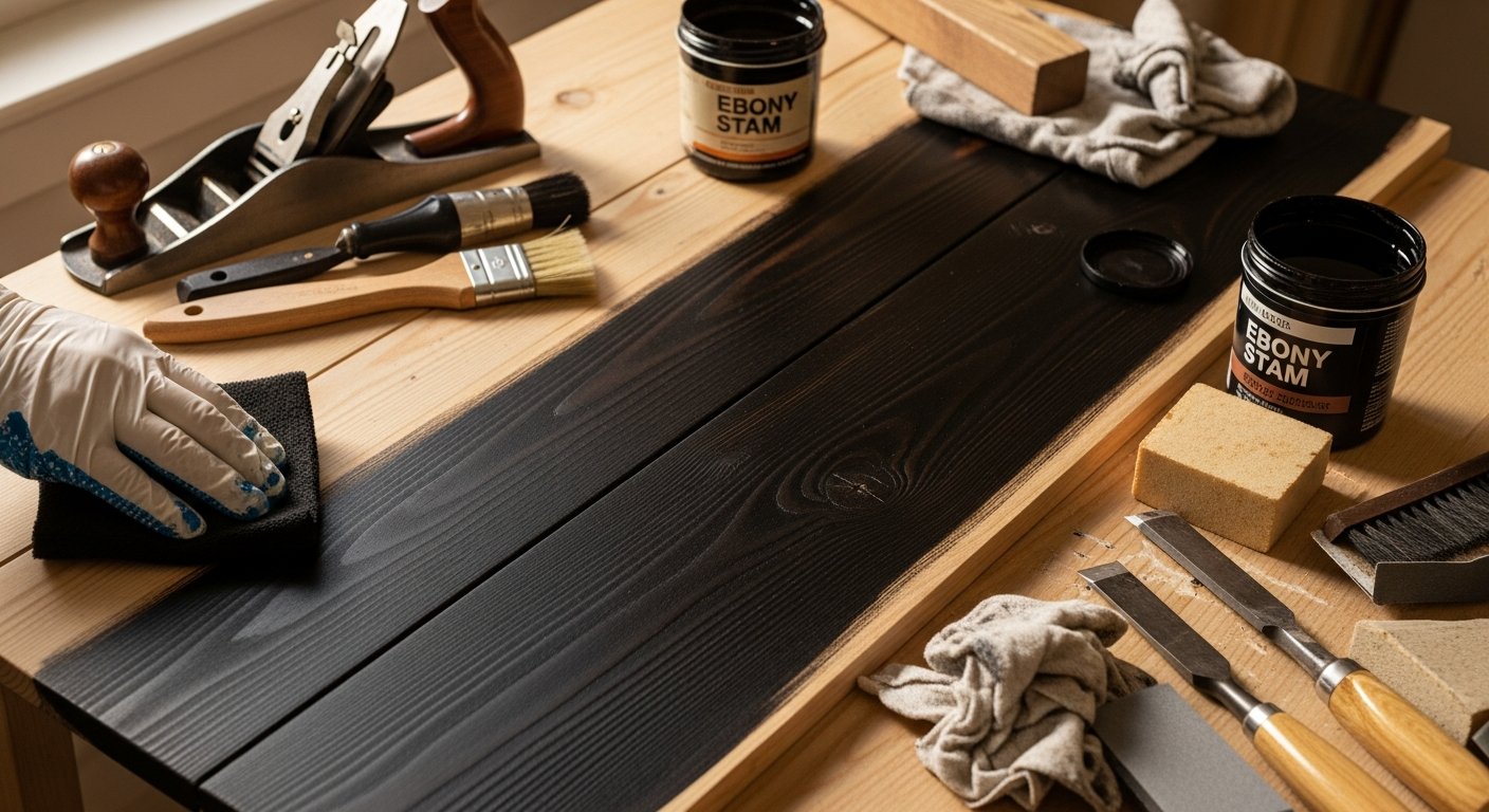 Black Ebony Wood Stain applied to wooden furniture showing enhanced grain detail and deep finish