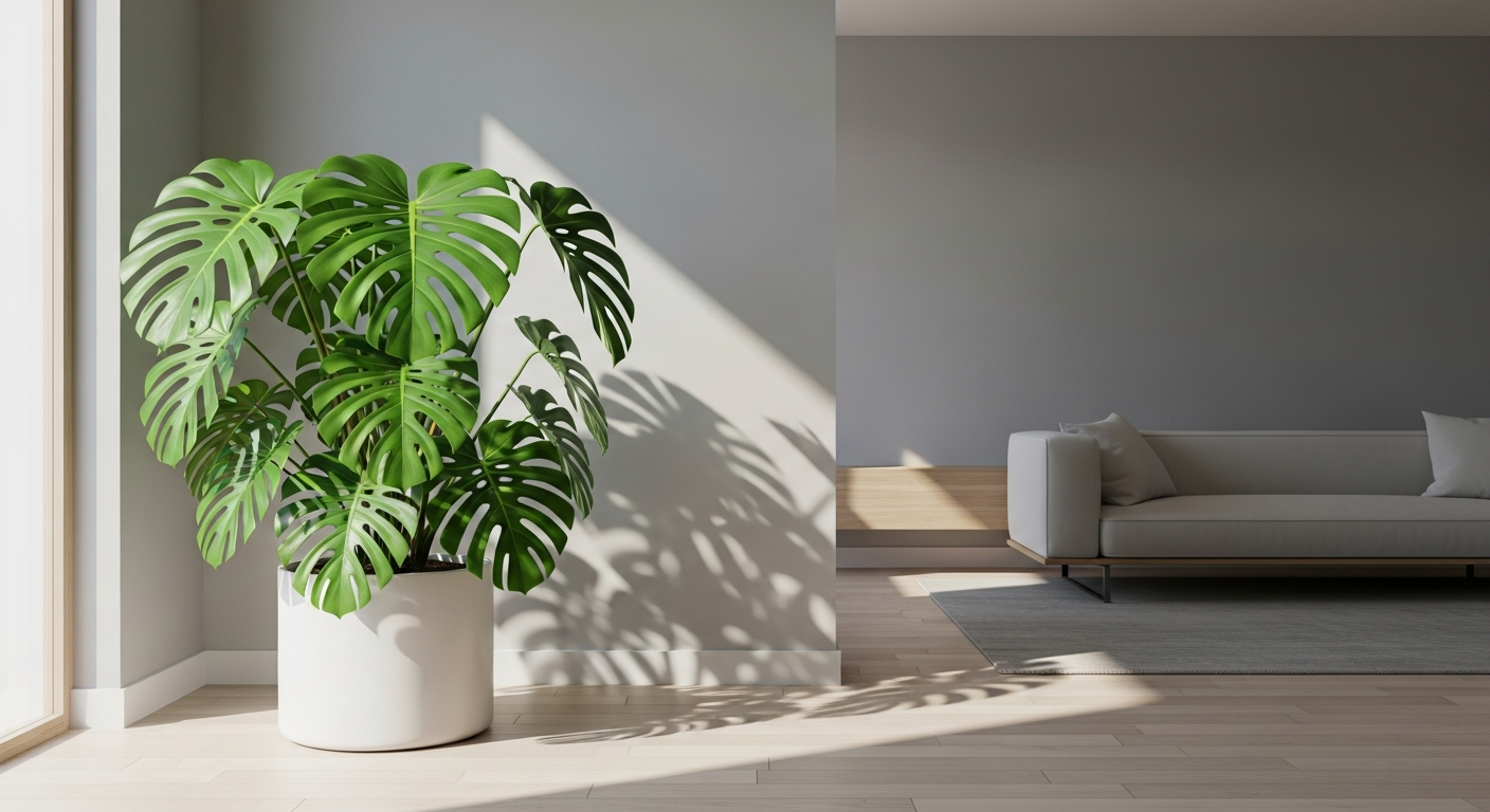 Lush Monstera Deliciosa plant with iconic split leaves displayed as a statement piece in modern home interior design