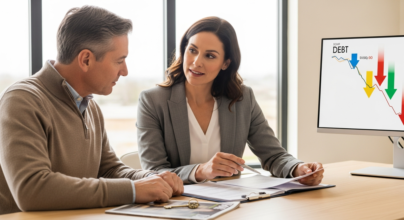 Homeowner reviewing debt consolidation loan documents with calculator and property details on desk