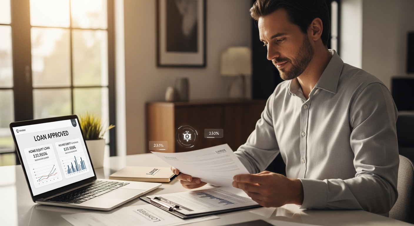 Homeowner reviewing secured loan documents with property equity calculator on desk