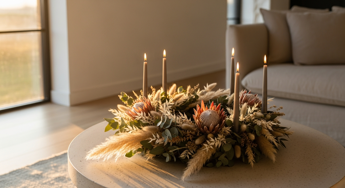 Elegant dried flower Adventskranz wreath with pampas grass and eucalyptus branches