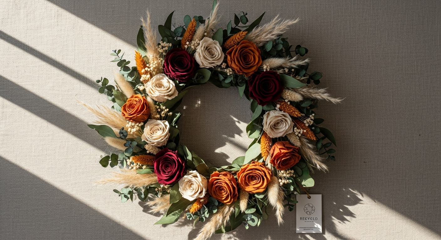 Handcrafted dried flower wreath with European blooms displayed as elegant home décor