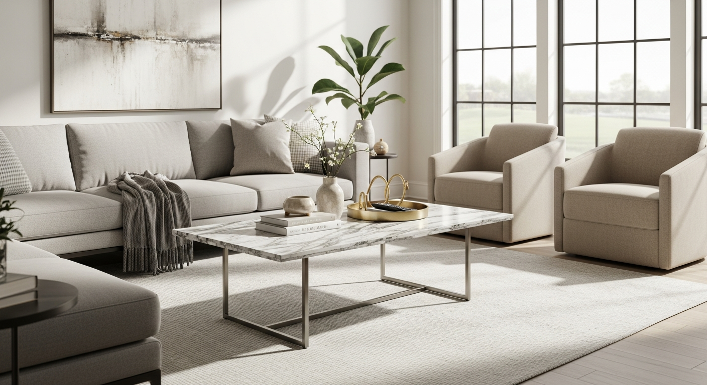 Elegant Solange faux marble coffee table with tempered glass top and brass metal frame in modern living room