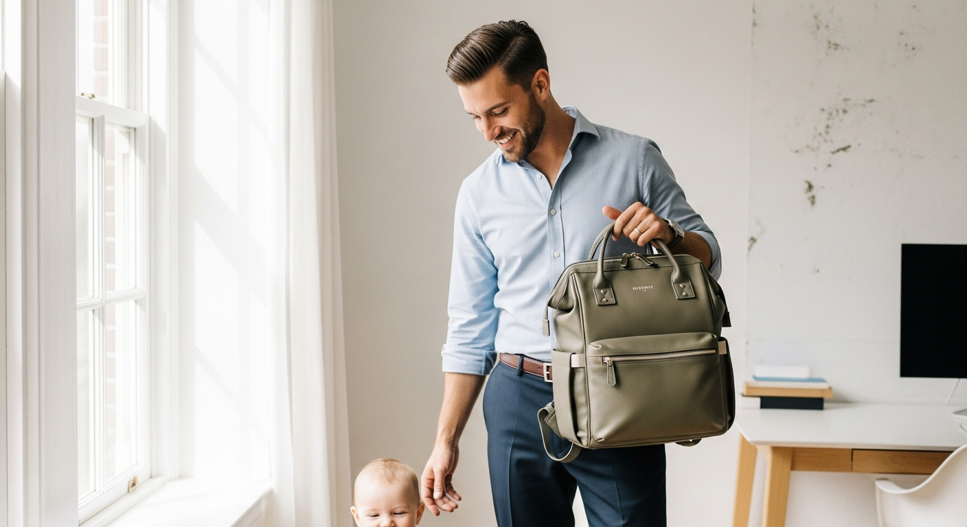 Modern father carrying MIMMTI 2.0 vegan leather diaper backpack while holding child outdoors