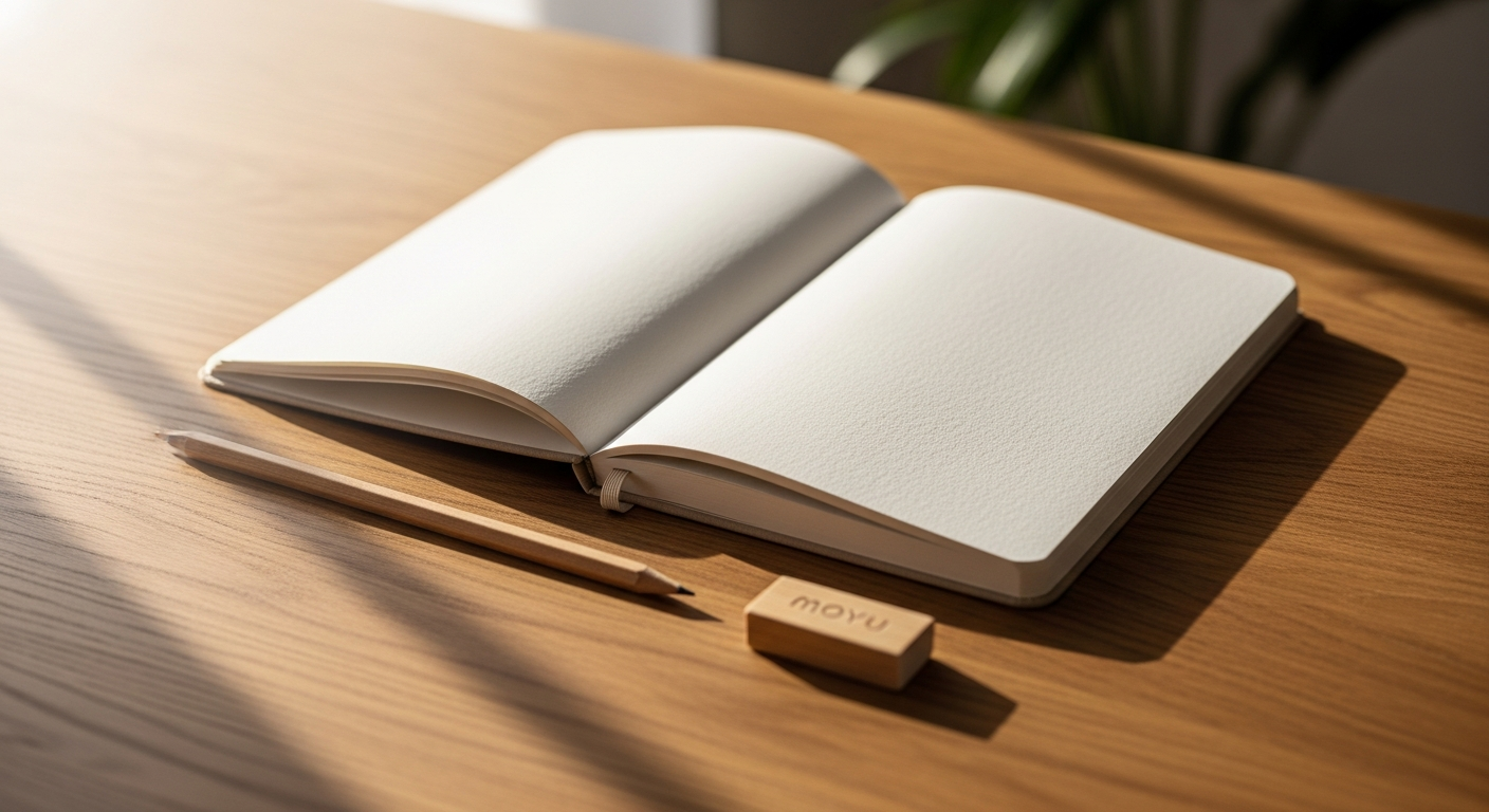 MOYU A5 Erasable Stone Paper Notebook with Frixion pen and microfiber cleaning cloth on desk