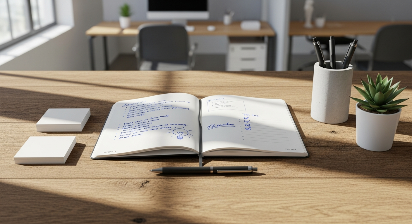 MOYU Erasable Stone Paper Notebook A5 with Frixion pen and cleaning cloth on desk