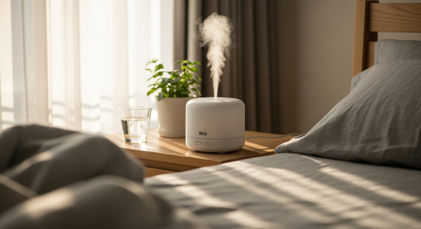 MUJI Electric Ultrasonic Aroma Diffuser with soft ambient lighting in minimalist bedroom setting