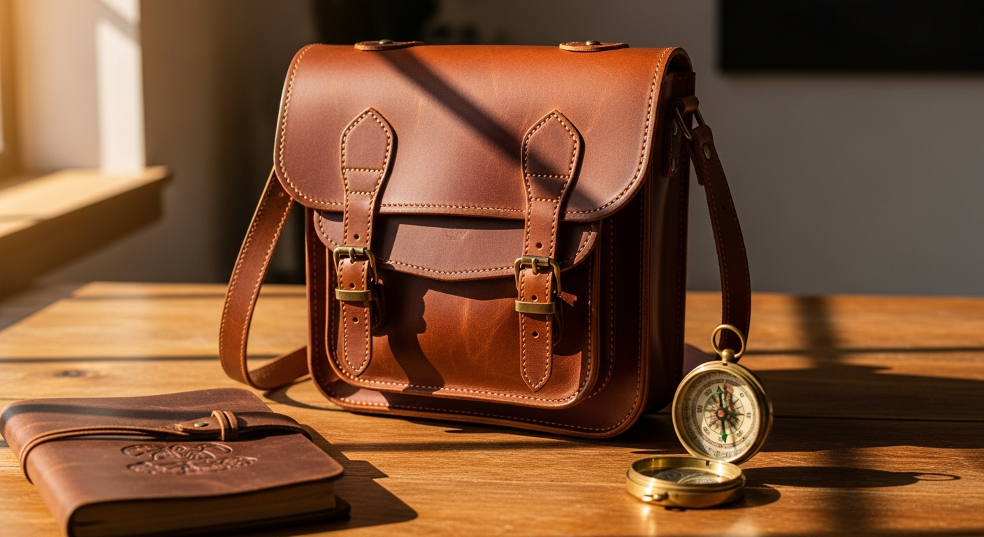 Wanderer Leather Crossbody Satchel in full-grain leather with adjustable strap displayed