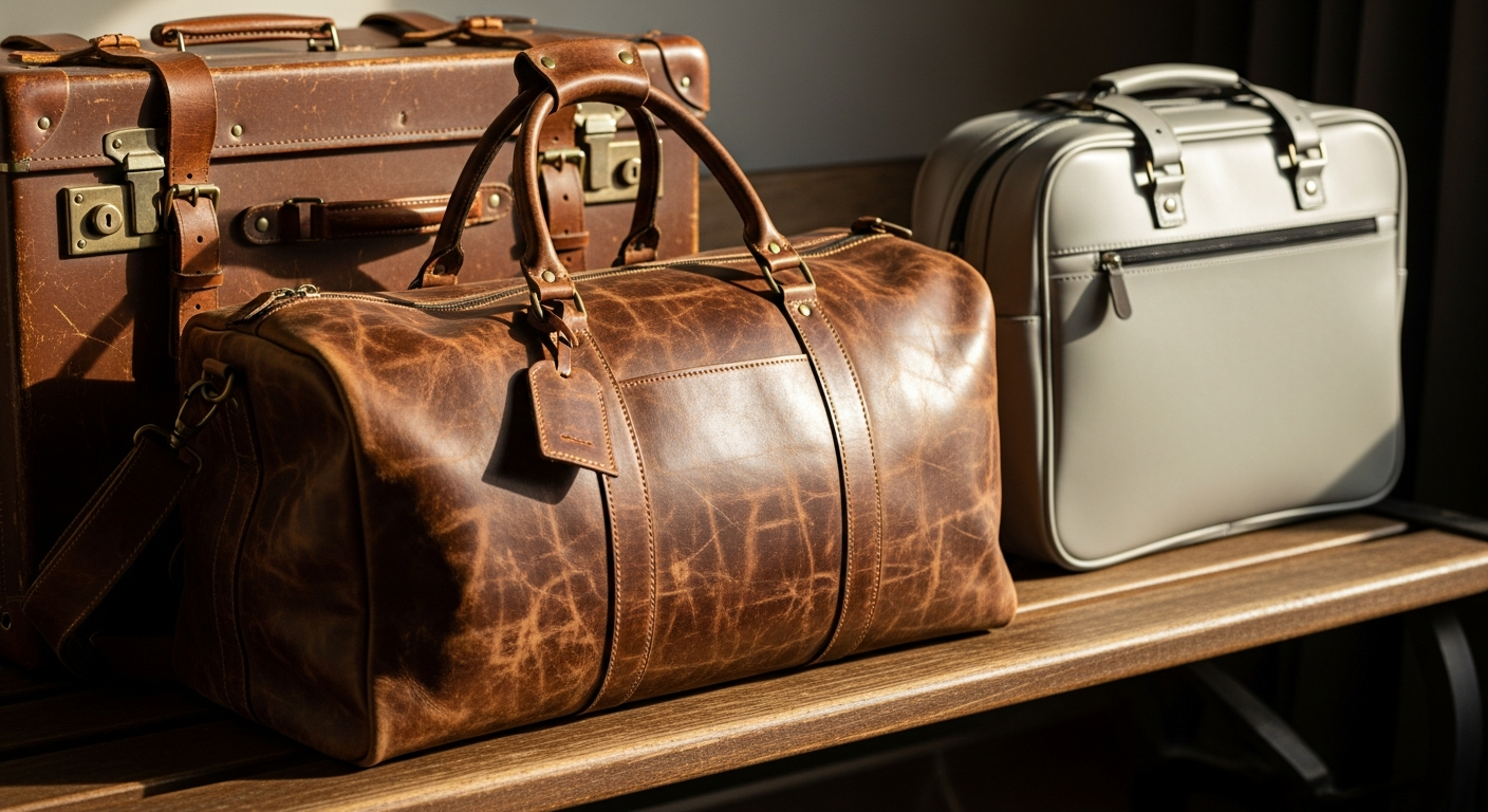 Full grain buffalo leather duffle travel bag with rich patina aging beautifully over time
