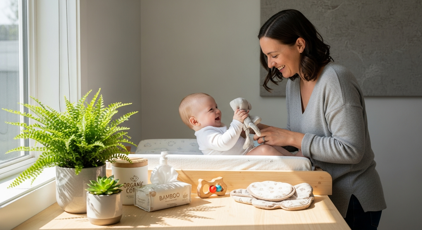 Award-winning Mama Bamboo eco-friendly bamboo nappies displayed with sustainable packaging and plant-based materials