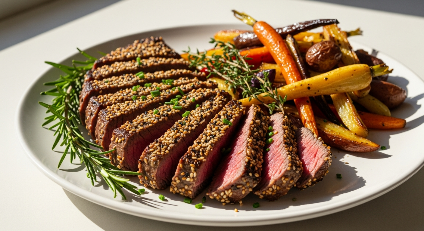 Premium everything bagel-crusted sirloin steak meal kit plated with fresh vegetables and homemade dressing