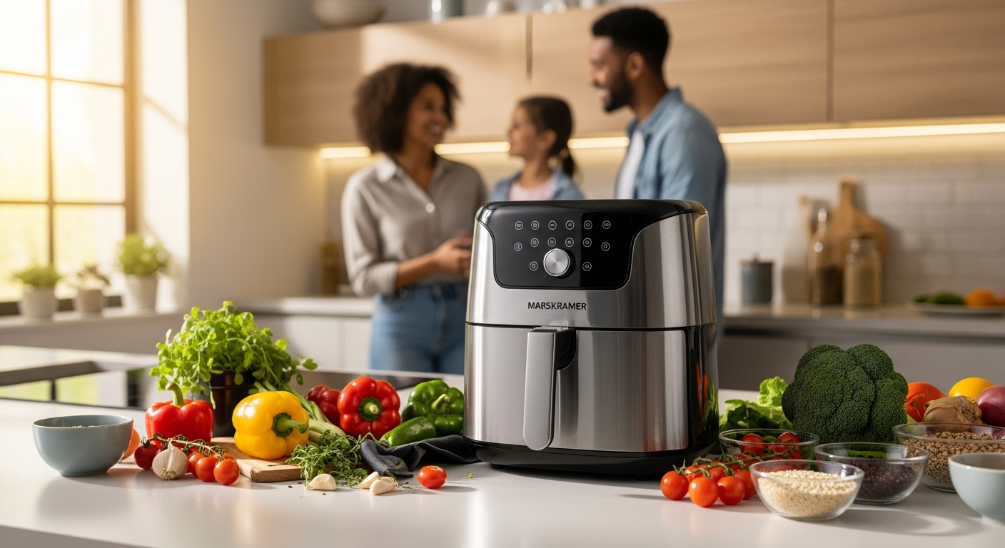 Marskramer airfryer appliance with digital display and stainless steel finish on kitchen counter