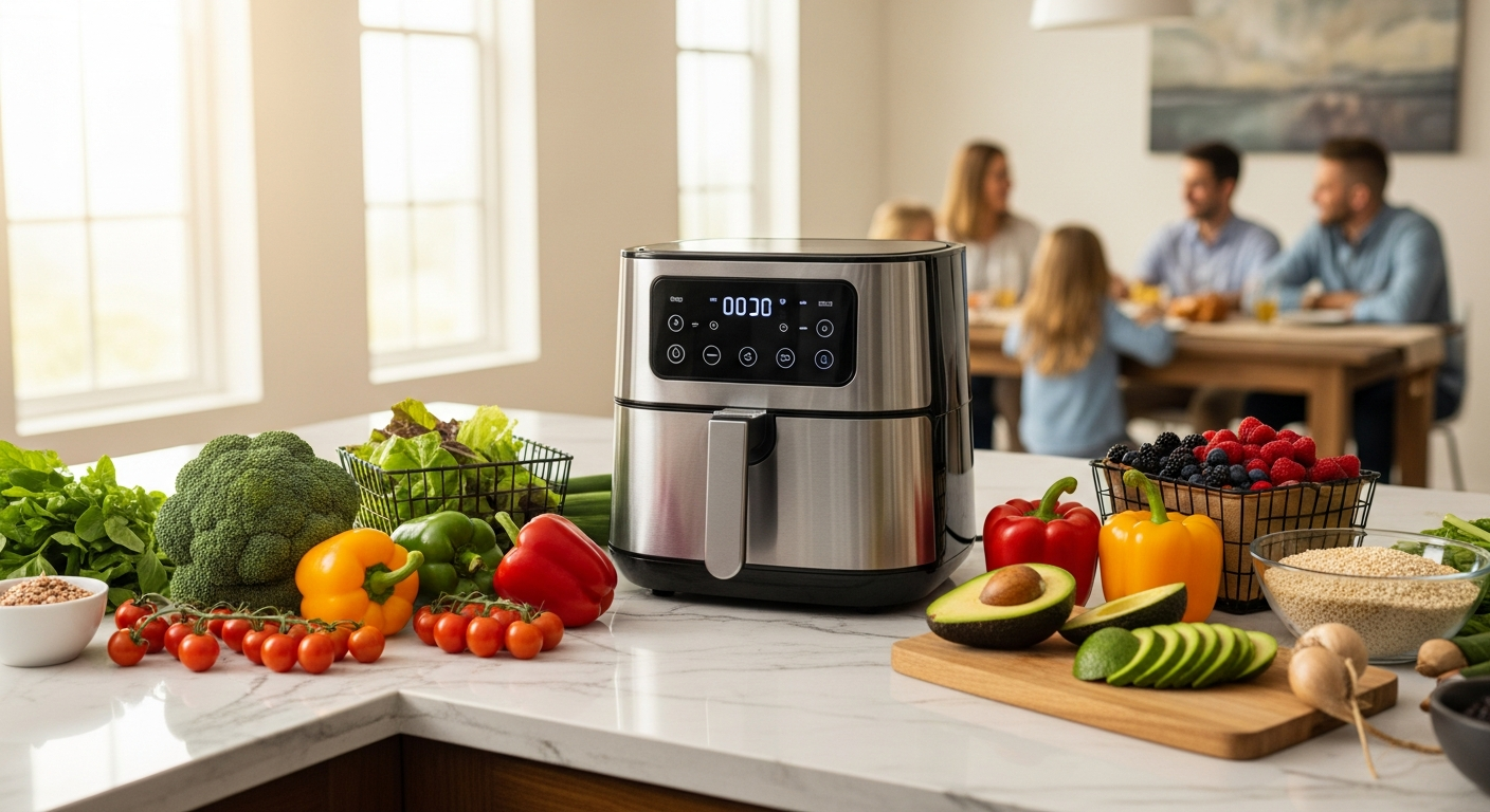 Modern air fryer appliance displaying crispy golden food with steam rising from basket