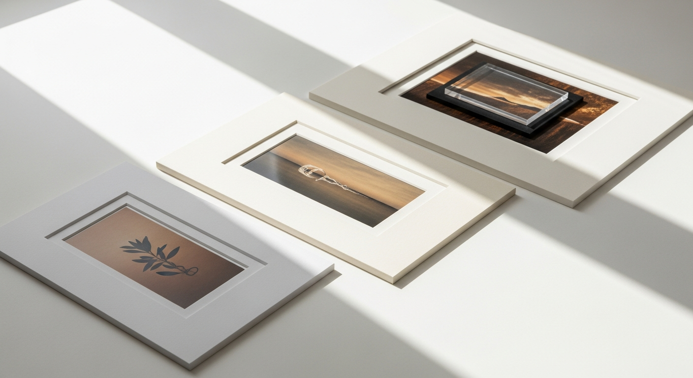 Custom cut picture matboards in various colors and quality tiers displayed with framed artwork samples