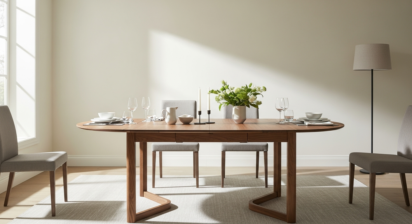 AMELIA Round Extendable Solid Wood Dining Table showcasing Danish craftsmanship and elegant design