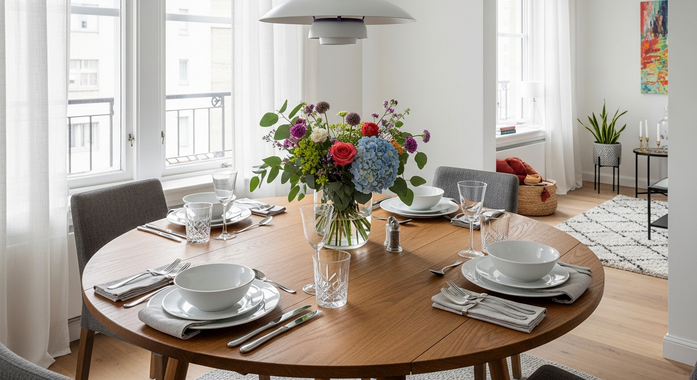 Amelia Round Extendable Solid Wood Dining Table in natural finish showcasing Danish craftsmanship