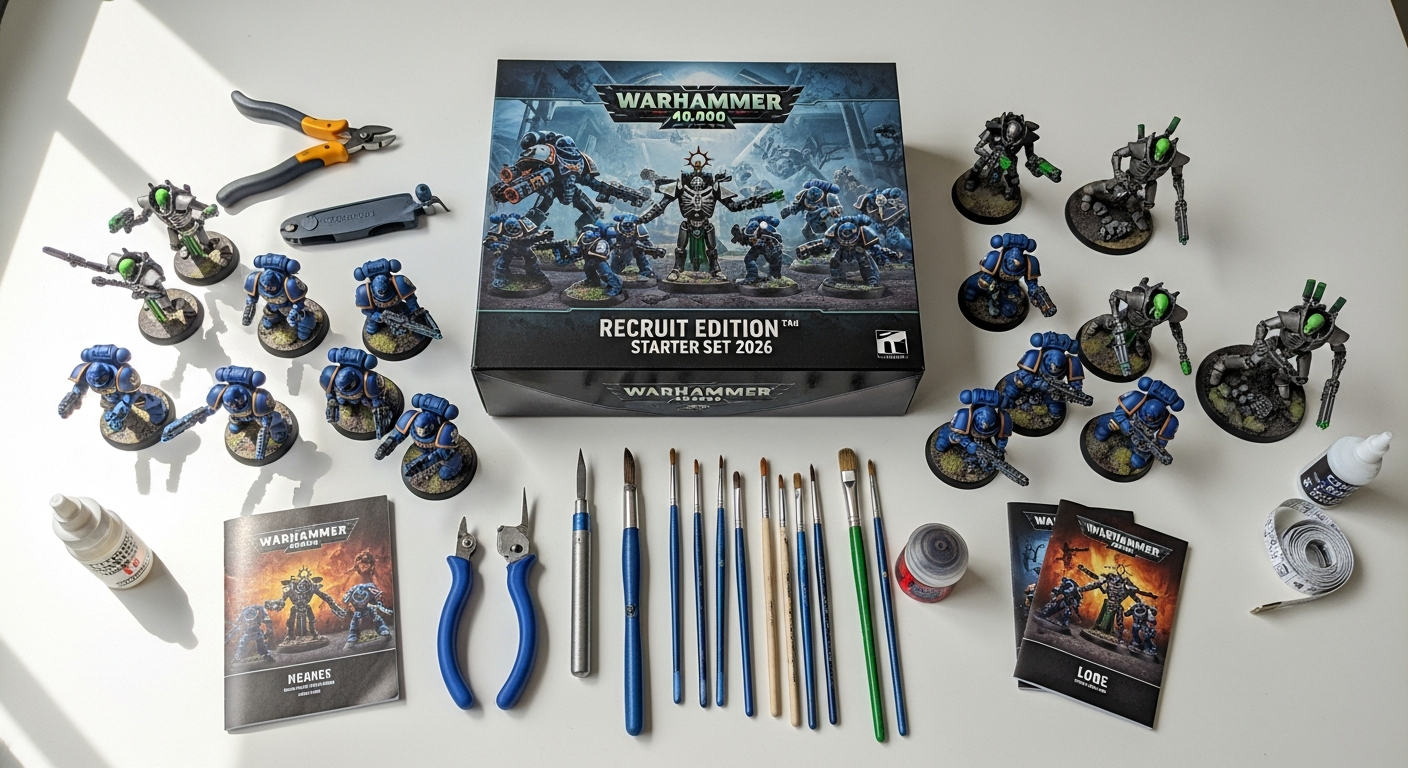 Warhammer 40,000 Recruit Edition Starter Set 2026 unboxed showing Space Marines and Necrons miniatures with rulebook and gaming accessories