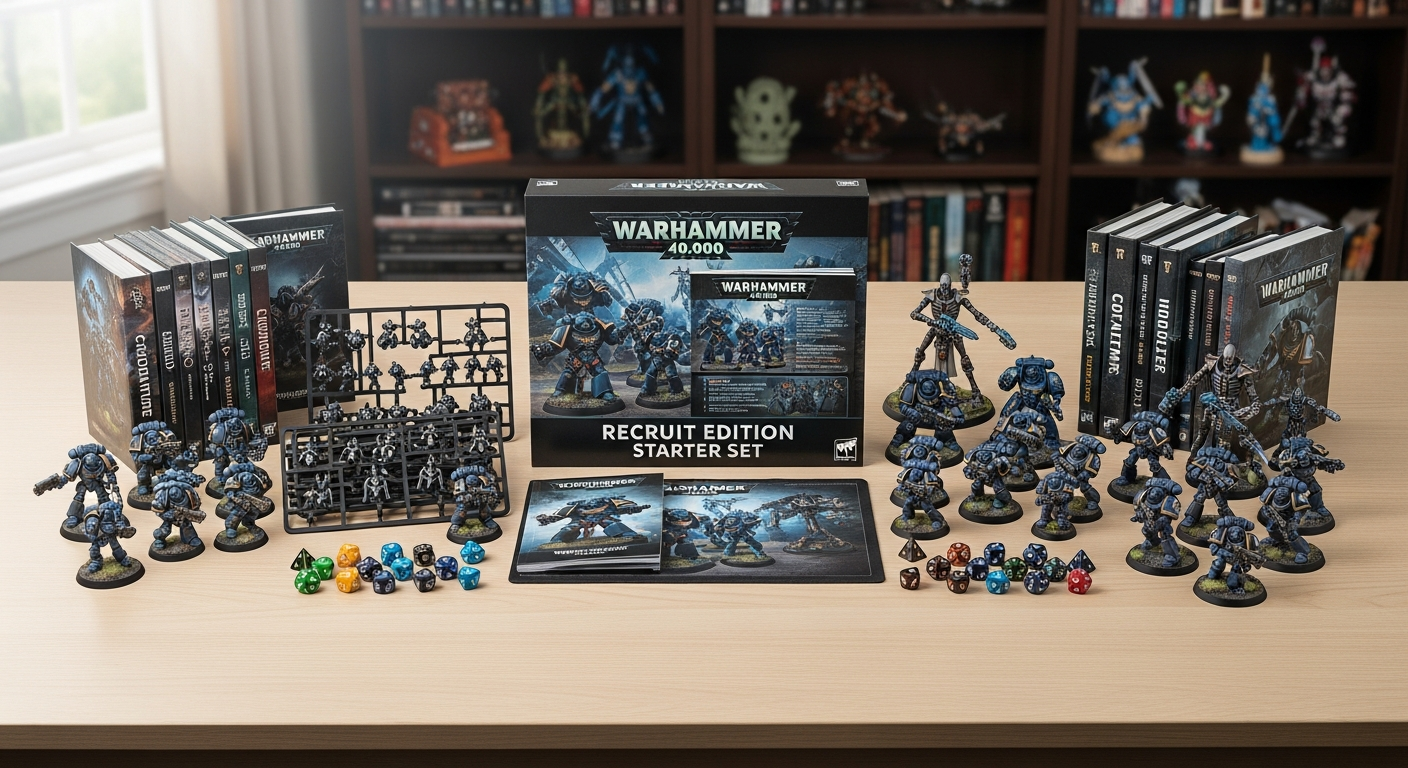 Warhammer 40,000 Recruit Edition Starter Set box with Space Marines and Necrons miniatures displayed