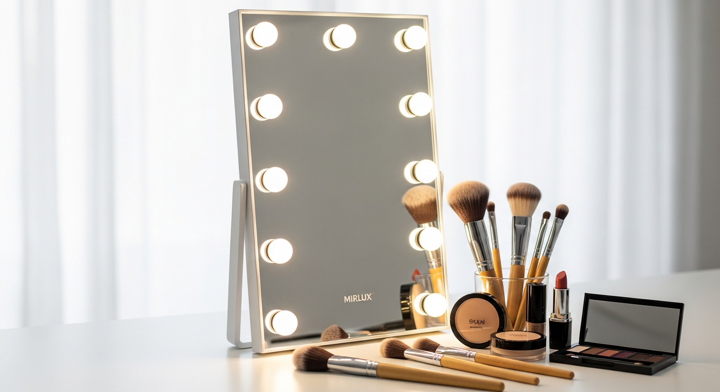 Mirlux Hollywood makeup mirror with LED lighting and touch controls in modern bathroom