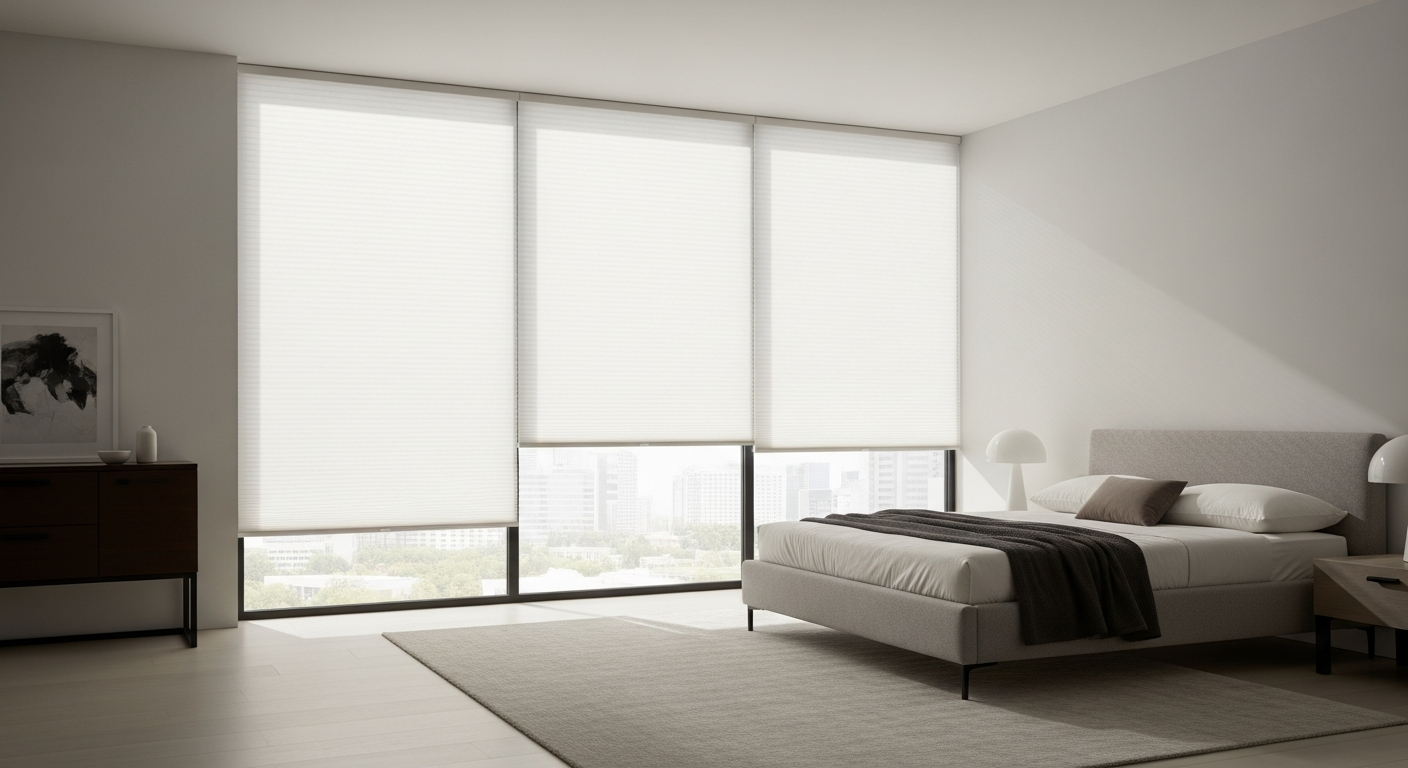 Honeycomb plissé curtains with top down bottom up control system on modern window