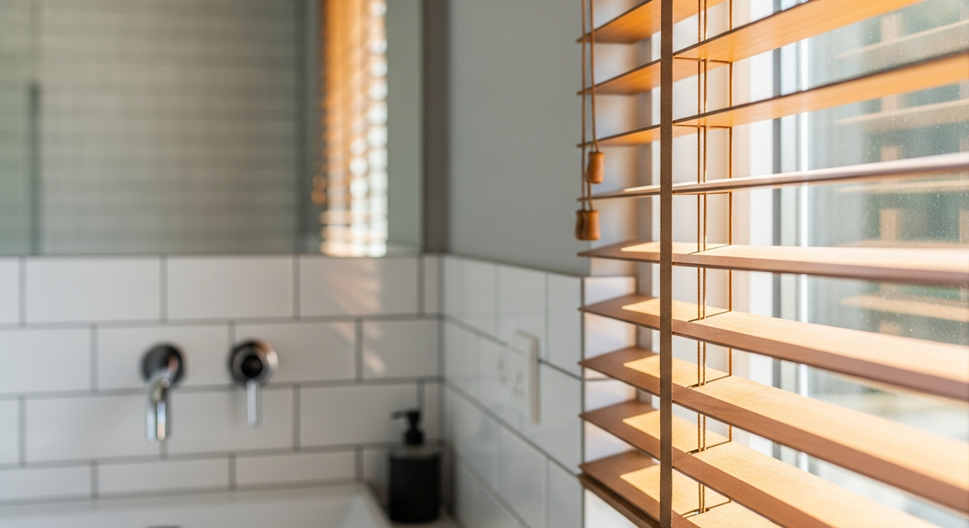 Vochtbestendige houten jaloezieën in een moderne badkamer met natuurlijk licht