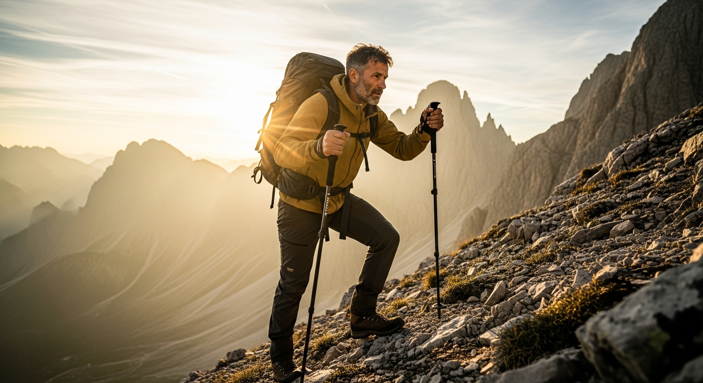 Montem Ultra Strong Trekking Poles displayed on rocky alpine terrain with mountain backdrop