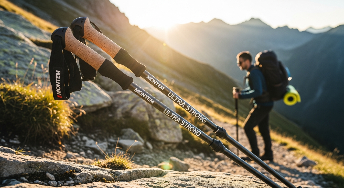 Montem Ultra Strong Trekking Poles displayed on a hiking trail with mountains in the background