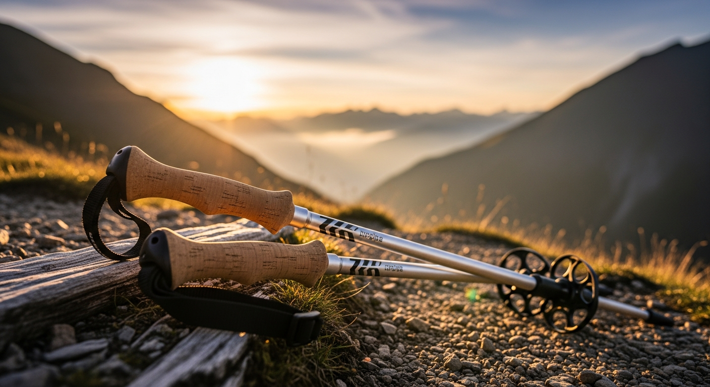 Montem Ultra Strong Trekking Poles displayed on a mountain trail with scenic hiking landscape background