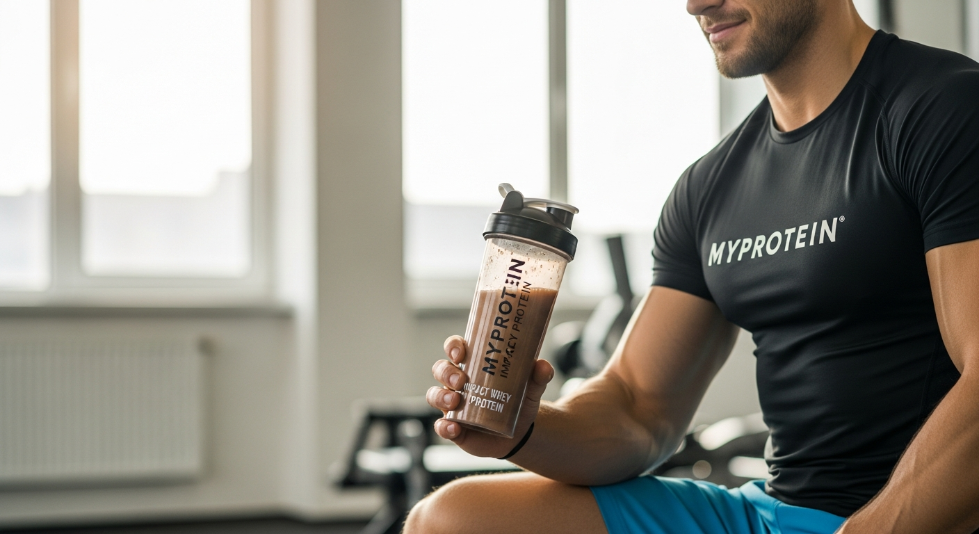 Myprotein Impact Whey Protein Powder container with scoop and shaker bottle for post-workout recovery