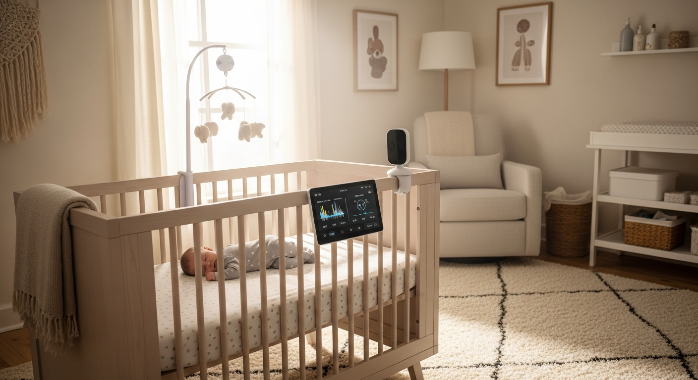 Nanit Pro Smart Baby Monitor displaying 1080p HD video feed with sleep analytics dashboard on smartphone app