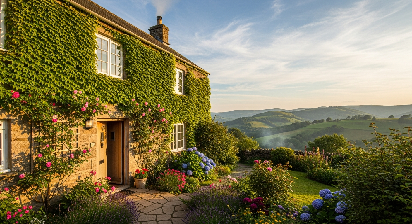 Historic National Trust stone cottage with period features nestled in lush English countryside landscape