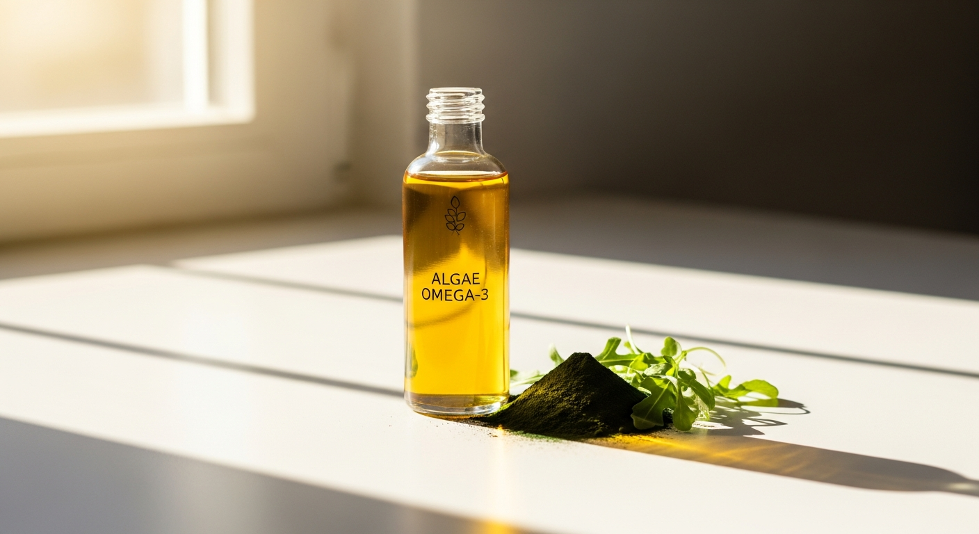 NatuRise Omega 3 Algenöl Flüssig bottle with bamboo lid and violet glass packaging displayed against white background