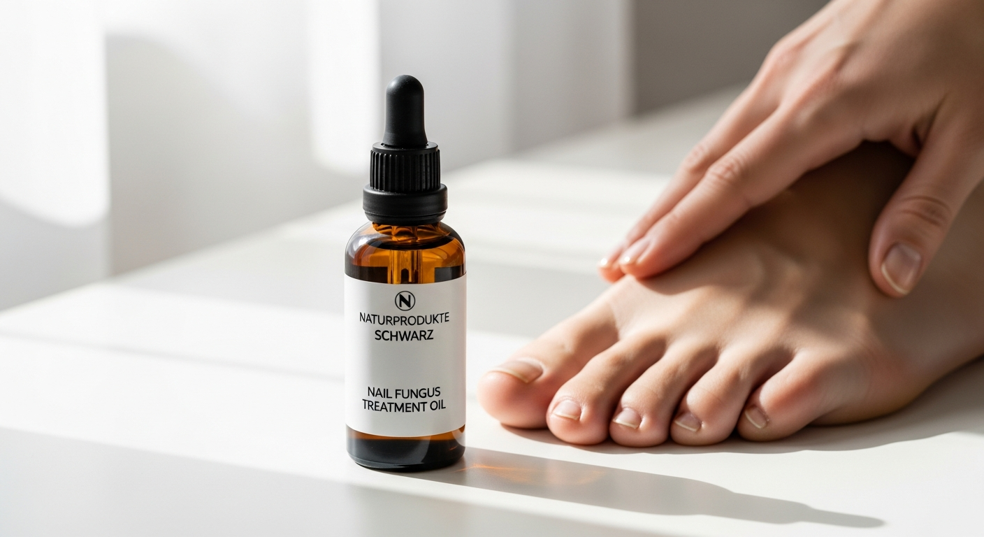 Naturprodukte Schwarz nail fungus treatment oil bottle with healthy nails displayed